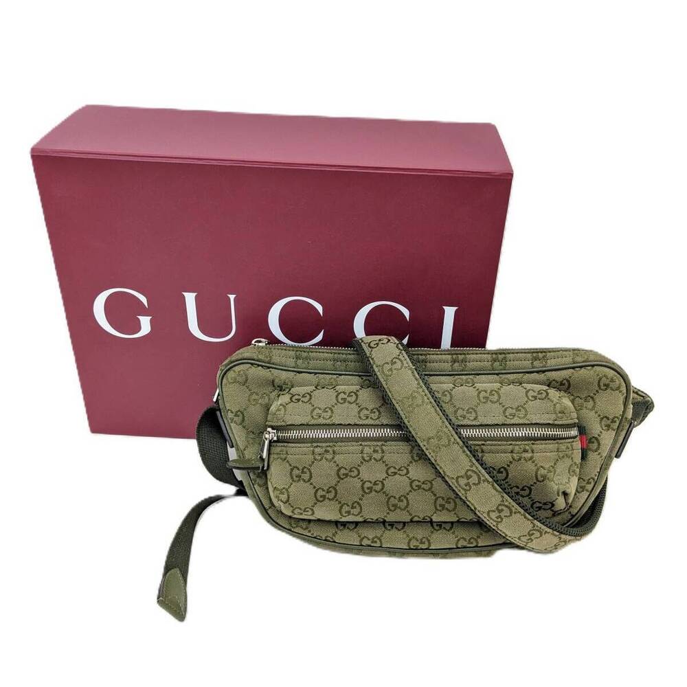 Gucci GG Canvas Sling Bag Crossbody Green Leather Khaki Green Olive